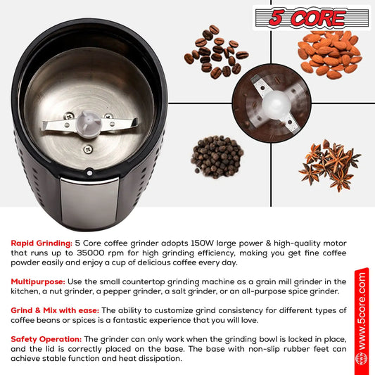 5 Core Coffee Grinder 85 Gram Capacity 150 W Electric Bean Spice Grinders Black