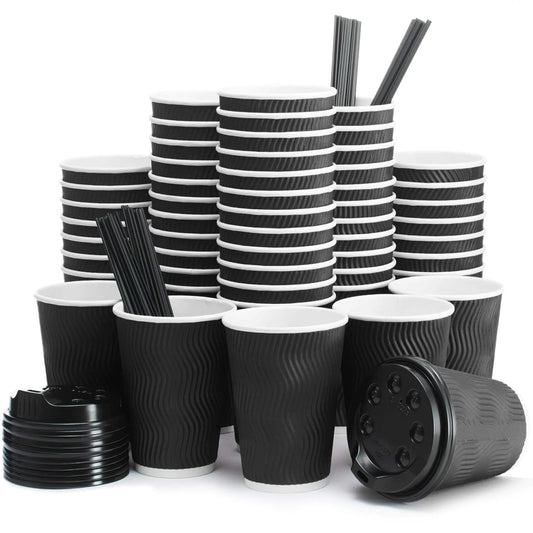 Disposable Coffee Cups with Lids & Straws 12 oz 100 Packs Black Cups