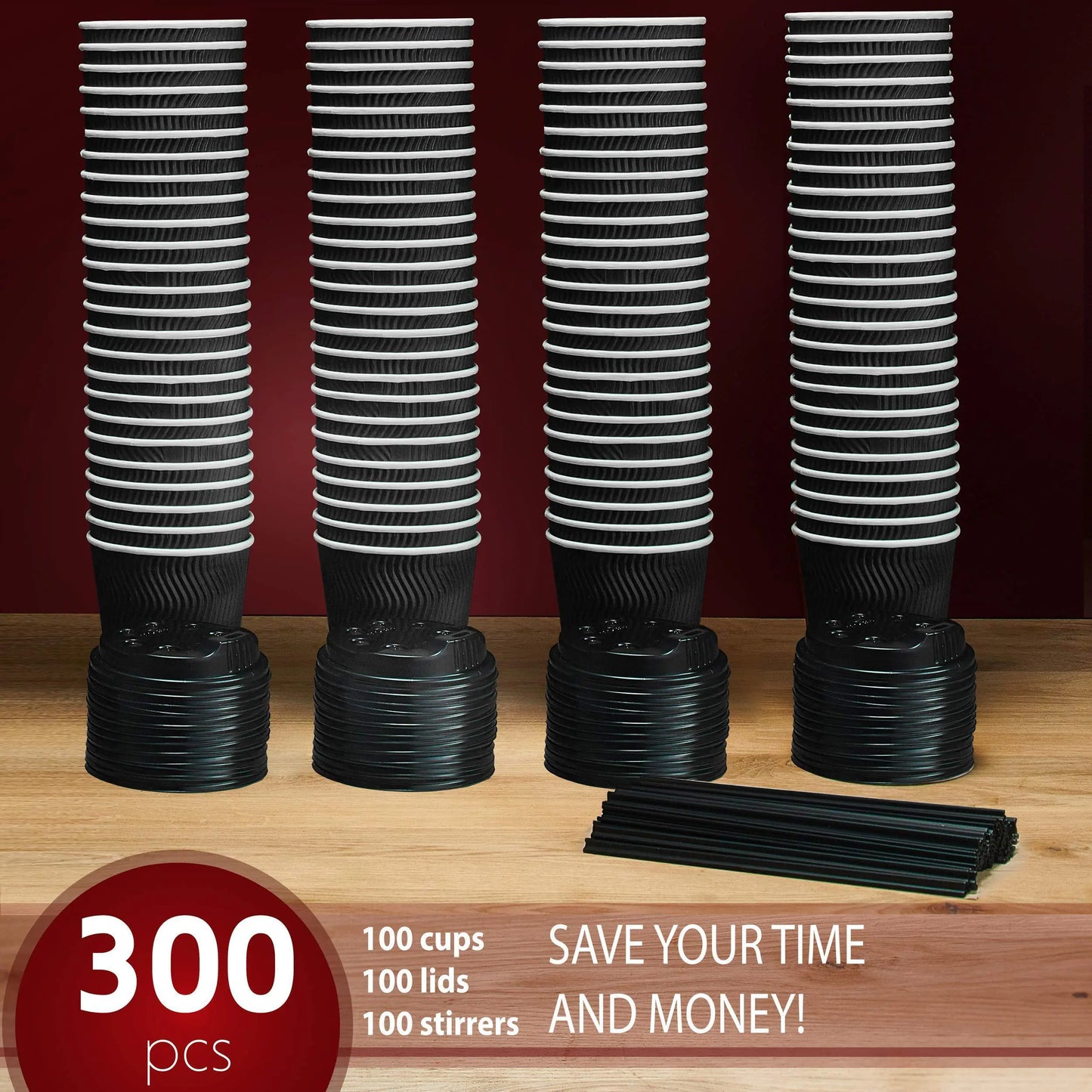 Disposable Coffee Cups with Lids & Straws 12 oz 100 Packs Black Cups