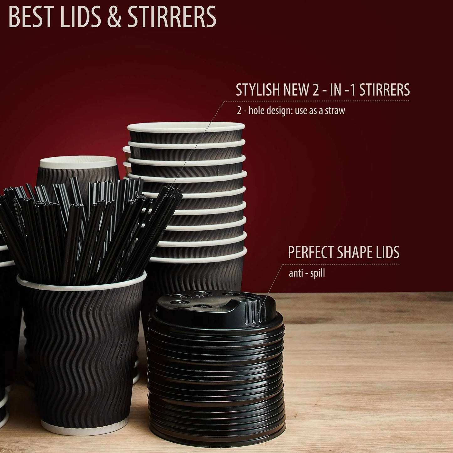 Disposable Coffee Cups with Lids & Straws 12 oz 100 Packs Black Cups